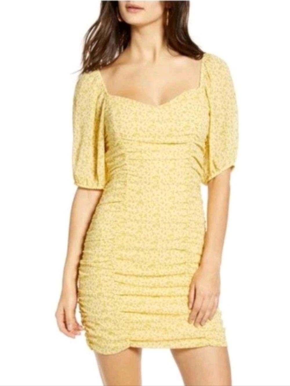 Lush Yellow Ruched Sweetheart Mini Dress